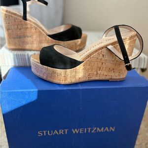 Stuart Weitzman Black Suede Leather Cork Wedge Heels New with Dust/Box NWT $425